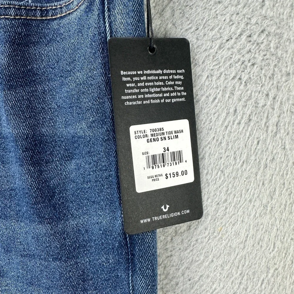 True Religion Geno Men Relaxed Slim Jeans 34 Blue 5 Pocket Distressed Casual NEW